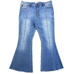 KanCan Flare Jeans Womens 32 (34x29) Blue Denim Stretch Raw Hem Boho Hippie